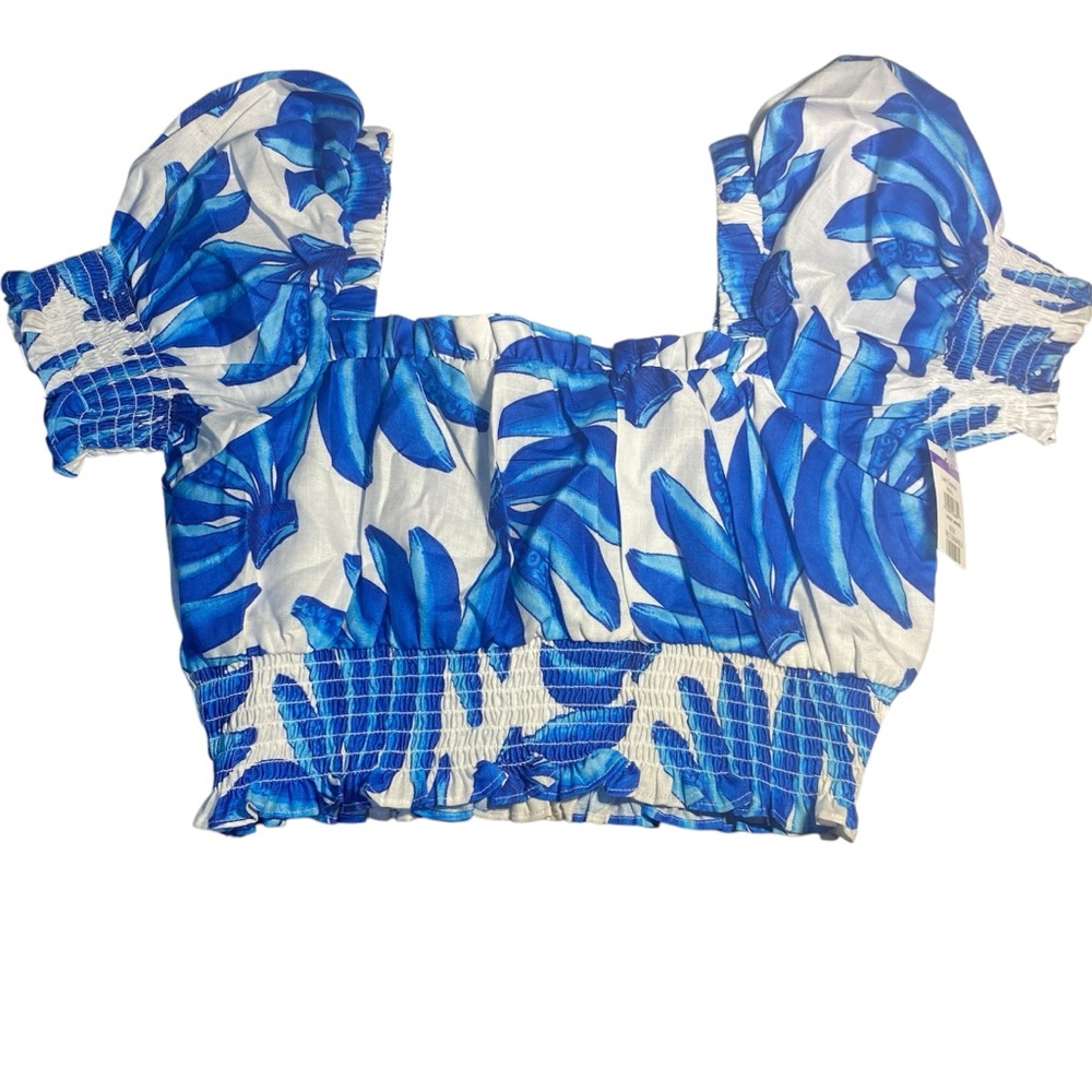 New Nordstrom Square Neck Puff Sleeve Crop Top Hawaiian Island Tropical Blouse